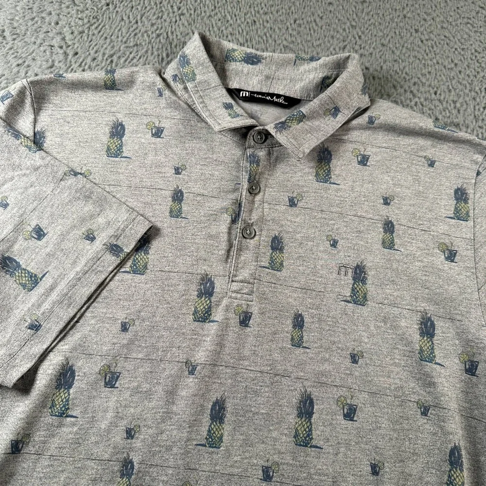 Travis‎ Mathew Polo Mens L Pineapple All Over Print Gray Golf Shirt Embroidered